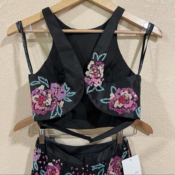 Rachel Allan 7511 floral black tulle high neckline two piece prom dress NEW 0 - Picture 9 of 12